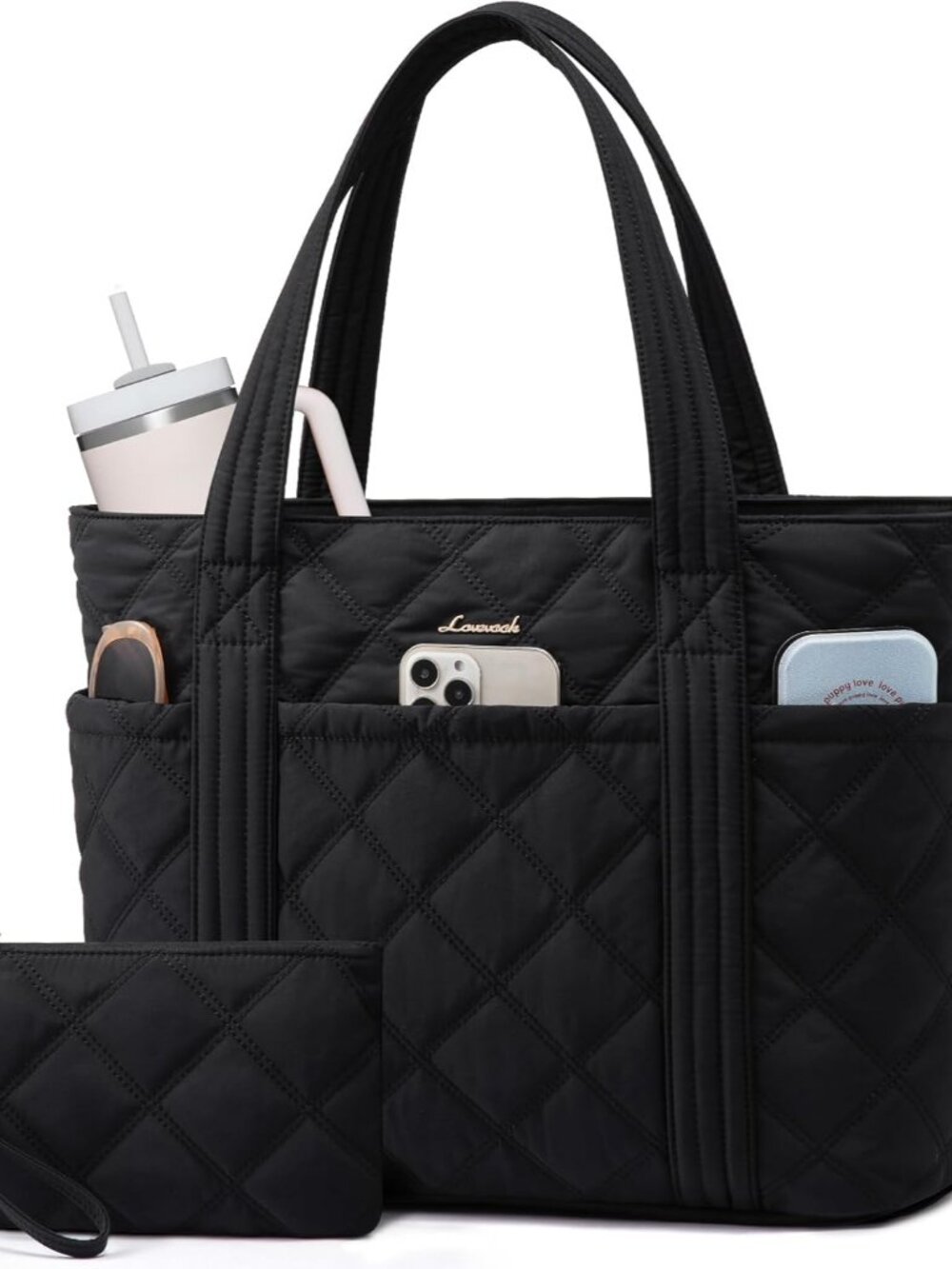 Puffer Tote Bag for Women, Puffy Work Handbag with Cup Holder, Travel Carry On B